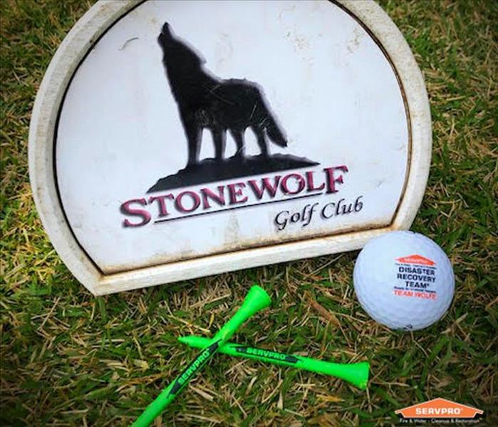 A Golf Club Marker with two golf tees and a SERVPRO golf ball near the marker on the grass.