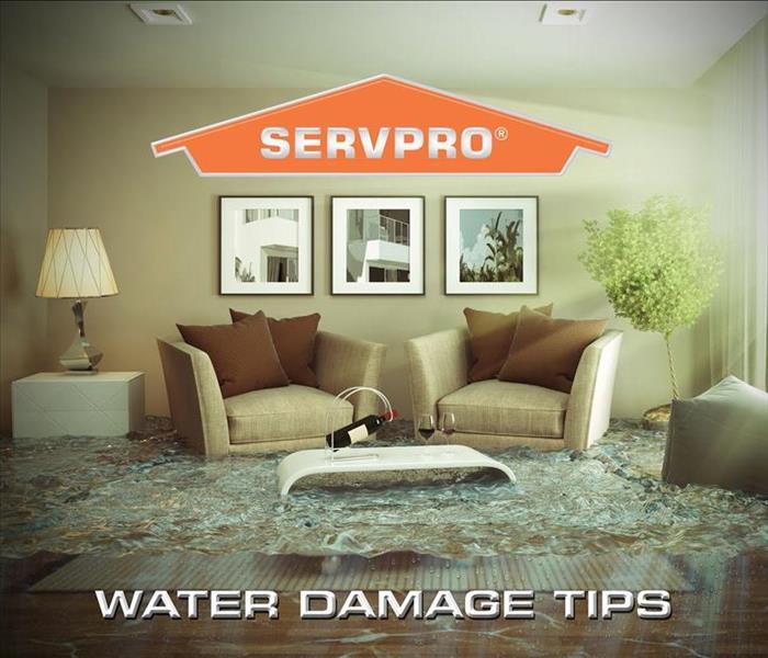 A living room with a foot of clear water in it due to a water break & the words; "Water Damage Tips" spelled out